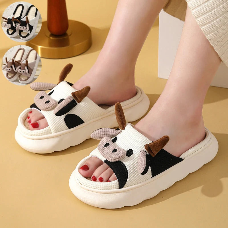 Cartoon cow frog design linen slippers with non-slip PVC sole