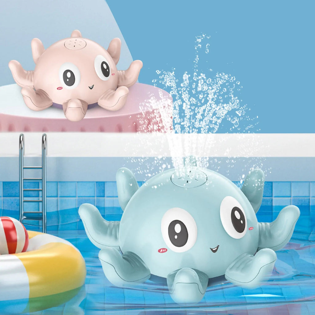 Blue or pink automatic spraying octopus bath toy with flashing lights for children's bathtub and pool play.