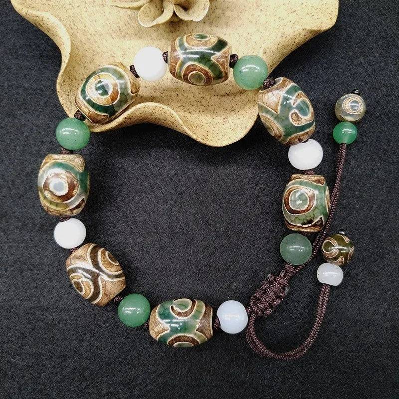 Green agate Tibet beads bracelet with three-eye hand-woven ethnic style geometric patterning