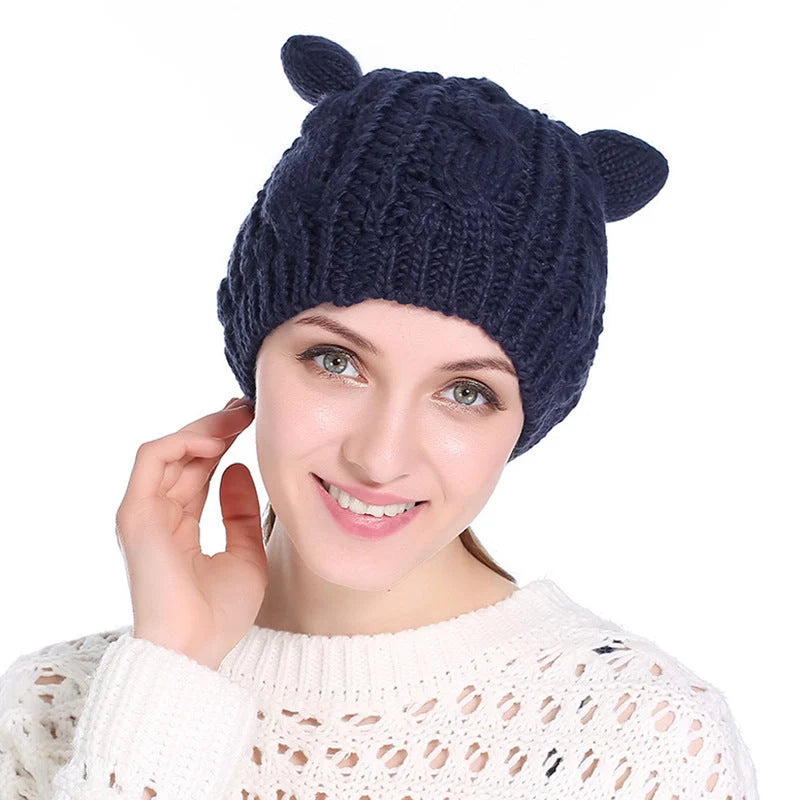 Autumn Winter Cat Ear Knit Beanie in various colors with unique design
