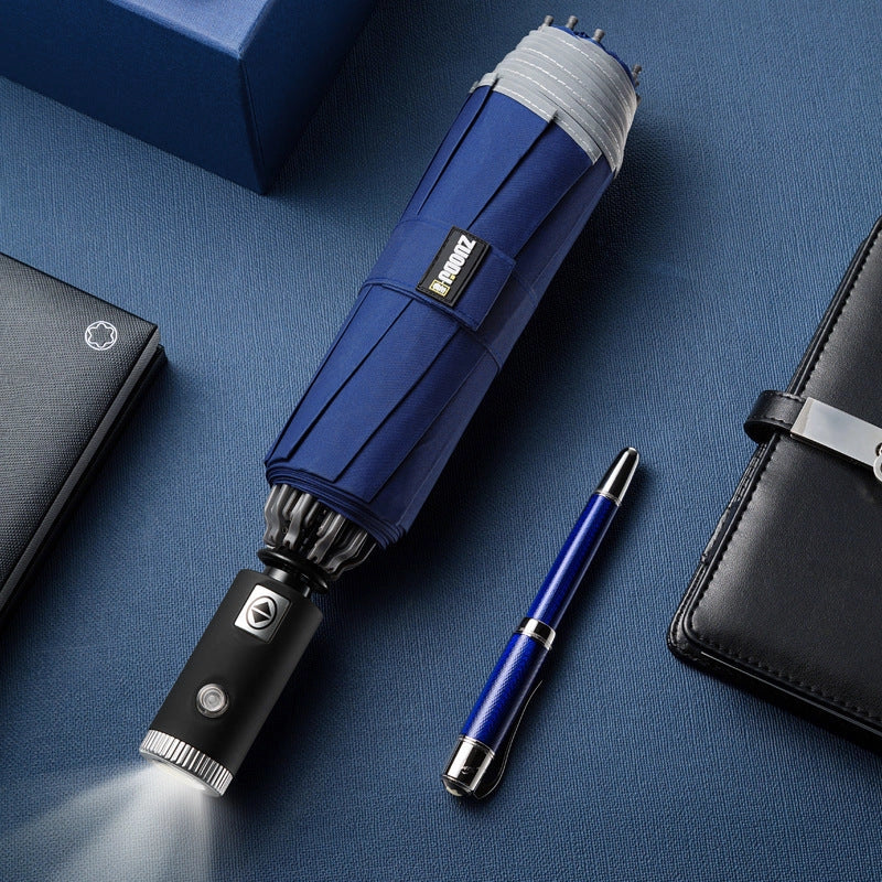 LED flashlight folding umbrella in grey, blue, black, and red with angel ring design