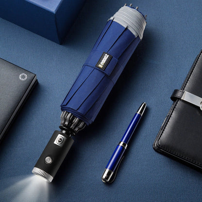 LED flashlight folding umbrella in grey, blue, black, and red with angel ring design