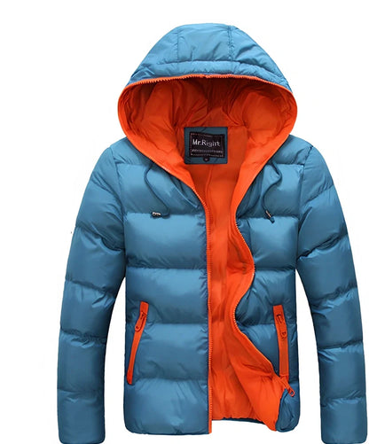 Blue hooded men's jacket with zipper, cotton filling, side pockets, M size 60 cm length and 104 cm bust