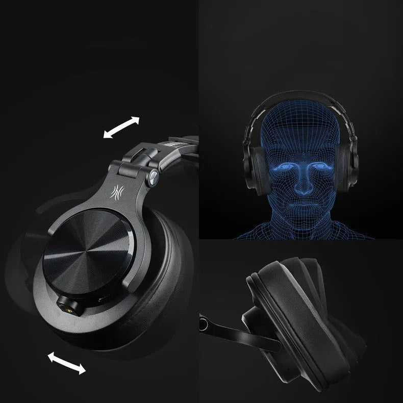 Head-mounted wireless Bluetooth monitor headset in black with 40mm speaker and coiled audio cable