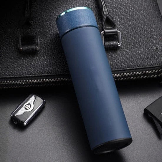 Premium thermos mug with touch-sensitive temperature display, available in black, red, and blue colors with 12 oz and 16 oz capacity options