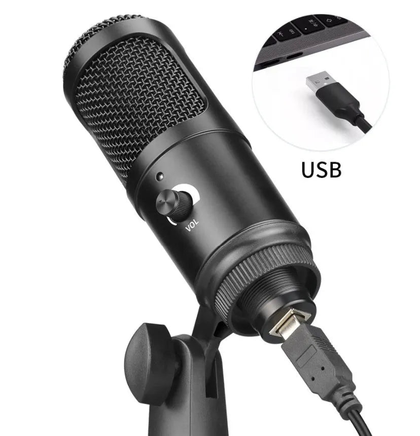 Black USB condenser microphone for laptop and computer recording with knob volume control