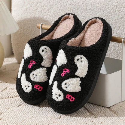 Cozy Halloween cartoon ghost slippers with soft cotton construction and non-slip soles for indoor wear