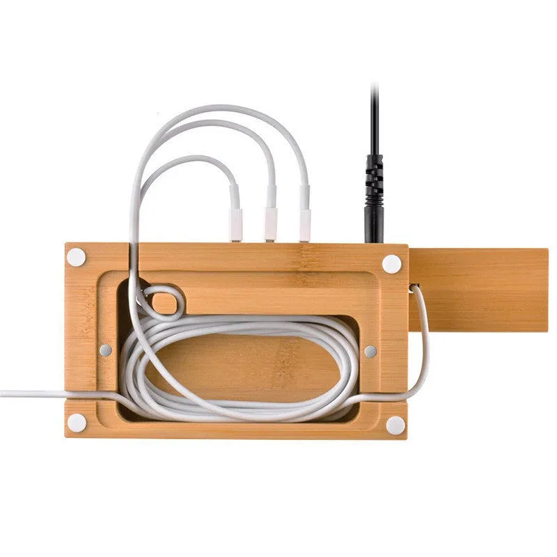 Natural bamboo multifunctional charging dock holding an iPhone, Apple Watch, and AirPods with three USB ports