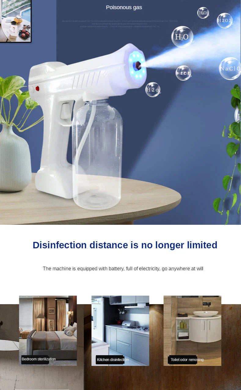 Handheld wireless atomizing fogger with blue light for disinfection