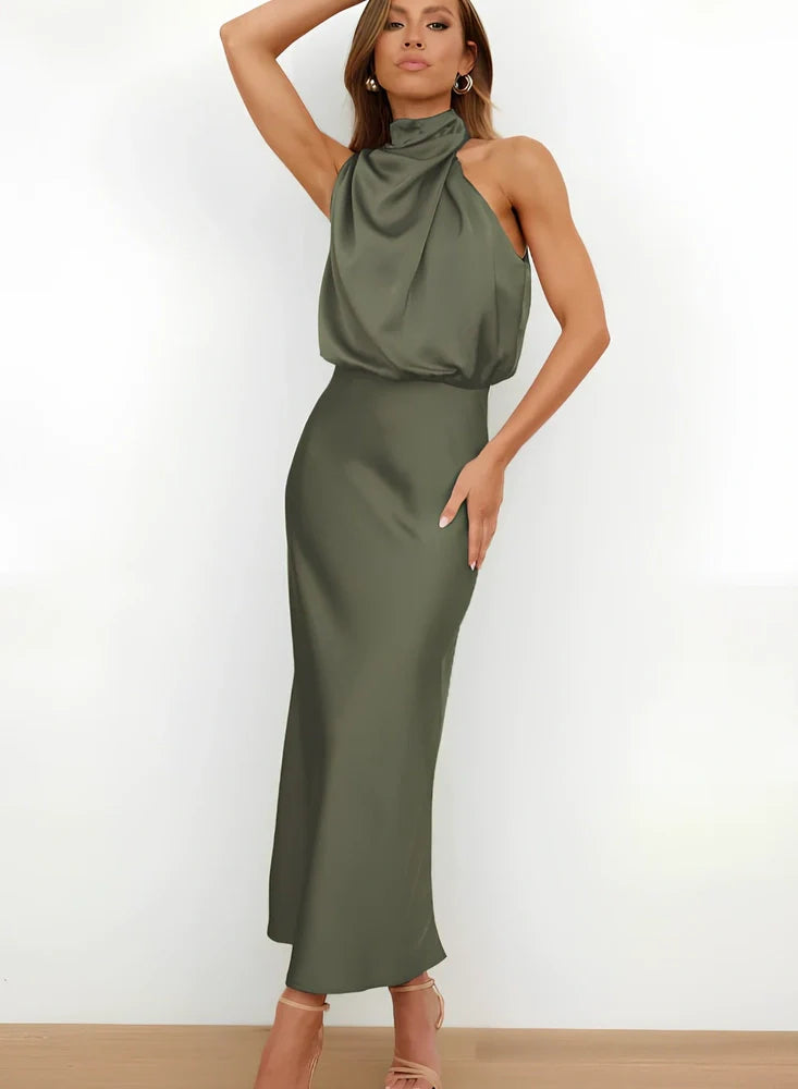 Sleeveless polyester dress in navy blue, 125.8cm length size L, bust 103cm for women's evening parties