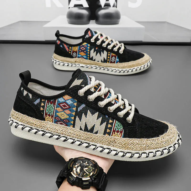 Men's beige and black casual cloth shoes with round toe design for summer