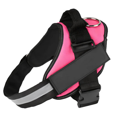 Adjustable reflective dog harness with top handle and metal D-ring for leash attachment