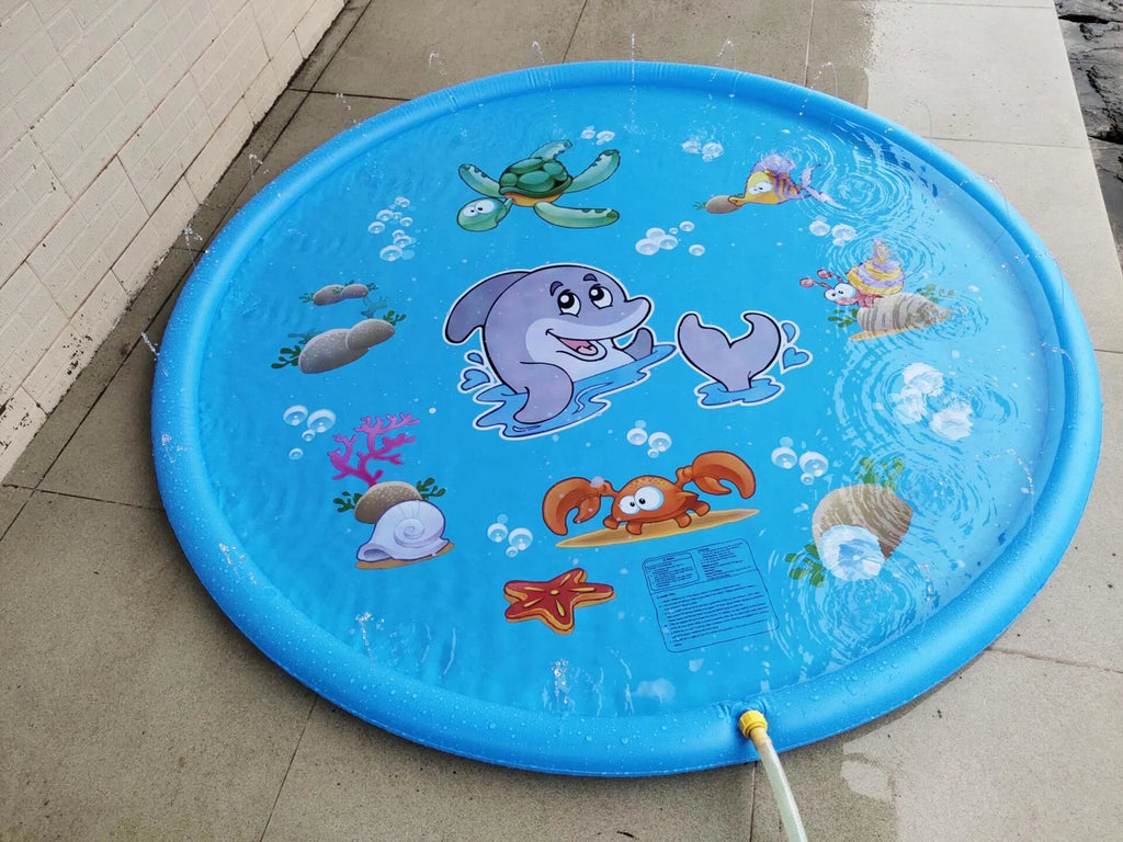 Blue PVC children's water spray play mat with marine animal graphics measuring 100cm by 170cm