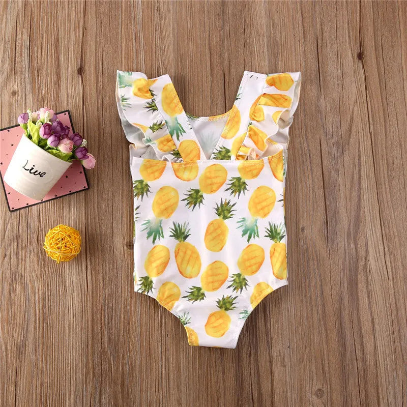 Printed sleeve one-piece polyester swimsuit for baby girls, red or yellow, sizes 80-120cm