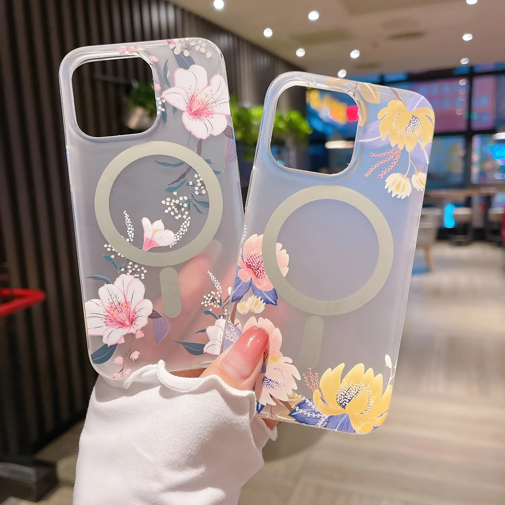 Magnetic suction clear frosted flower phone case for iPhone showing rear cover with floral pattern