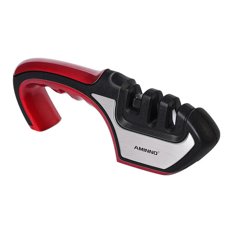 4-in-1 multi-functional knife sharpener in black with multiple sharpening rods