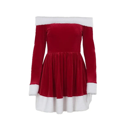 Women's festive Santa-themed dress with plush trim, off-the-shoulder design, and available in red colors