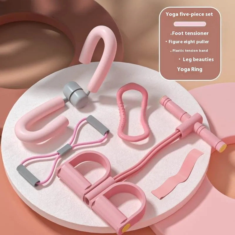 Yoga four piece set showing leg beauty device, yoga ring, pedal tension device and figure eight tension rope.
