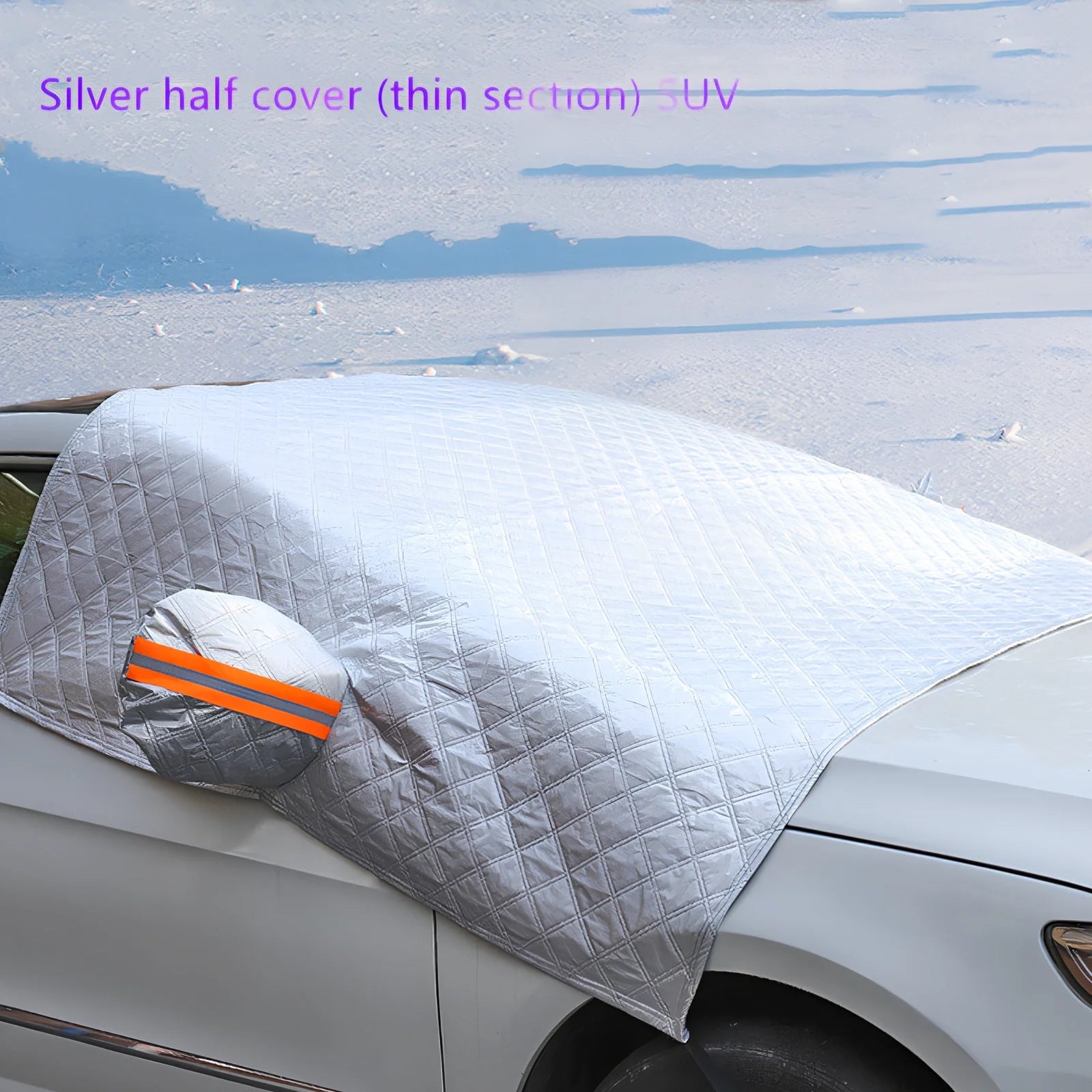 Silver magnetic windshield cover showing aluminium foil coating and edge magnets for vehicle protection