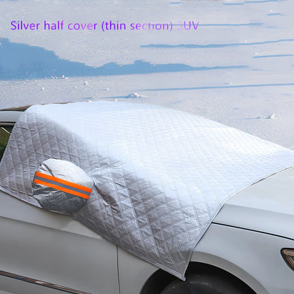 Silver magnetic windshield cover showing aluminium foil coating and edge magnets for vehicle protection