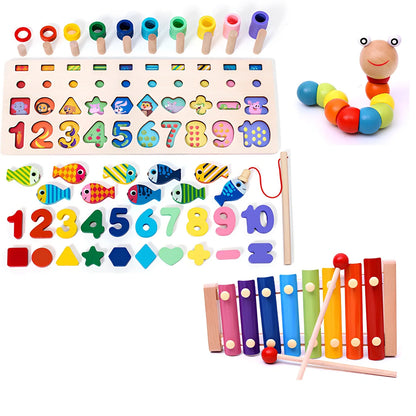 Wooden 3D alphabet number puzzle board 42x16x8 cm with geometric letter and number pieces in ocean blue theme