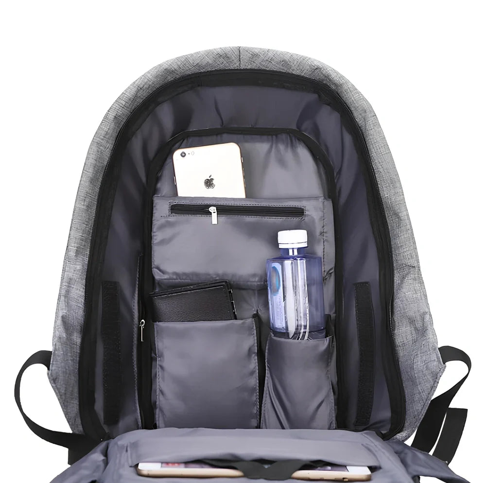 Black anti-theft travel backpack 26x43x11cm with 20-35L capacity, lockable zippers, Oxford fabric for business use