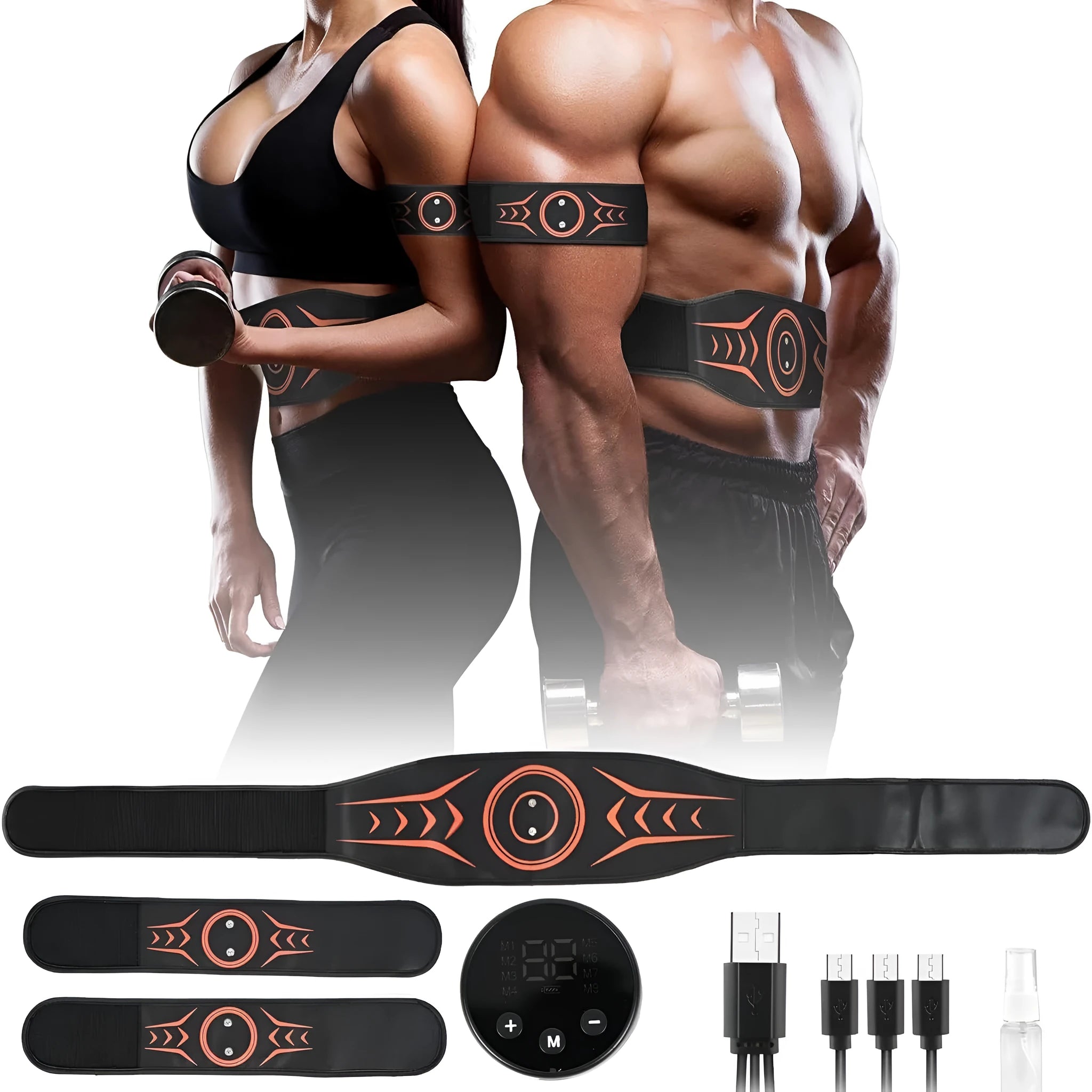 Rechargeable EMS abdominal massage belt with extension strap and electrode stickers