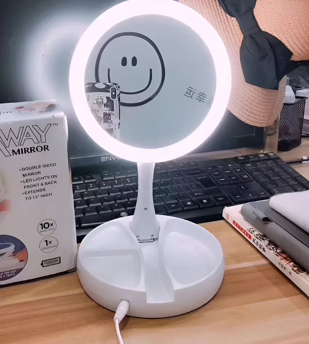 White acrylic LED vanity mirror with double-sided magnification and foldable storage compartments.