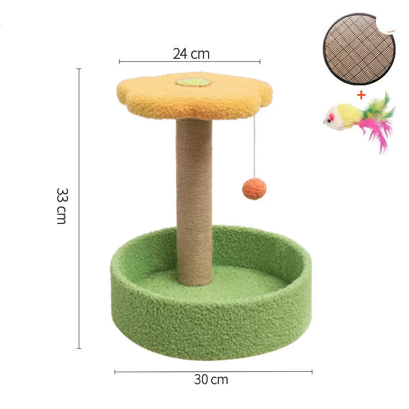 Cat scratcher with sisal winding, solid wood bottom, and teasing toys in pink love colour option