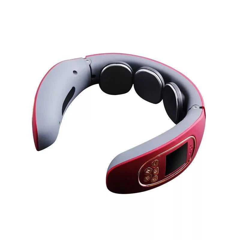 Multi-function Intelligent Neck Cervical Massager in white and red, featuring 4 modes and 15 gears