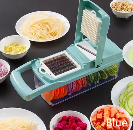 Versatile vegetable slicer with interchangeable blades for slicing, dicing, and shredding a variety of fruits and vegetables