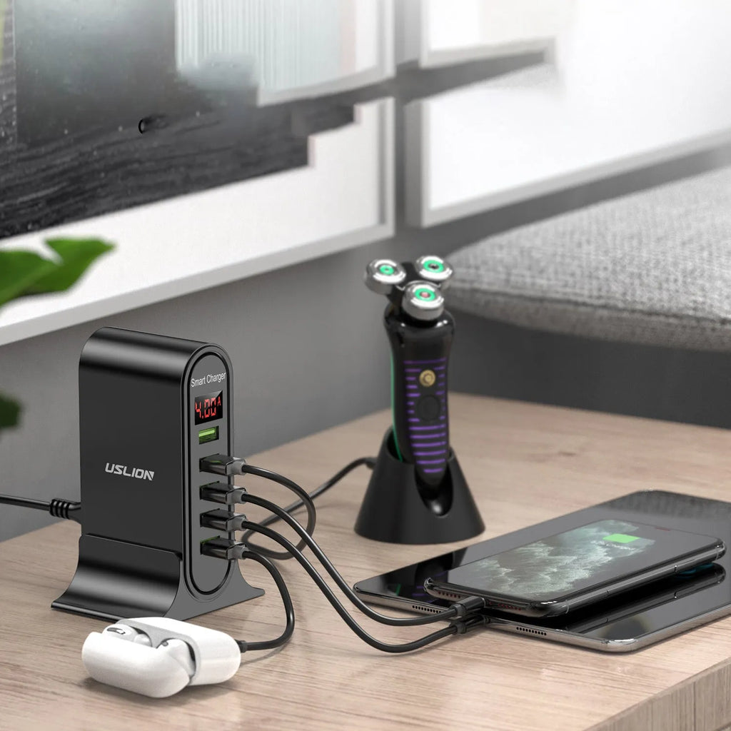 Smart LED digital display travel charger showing 240V input and 5V output with USB interface