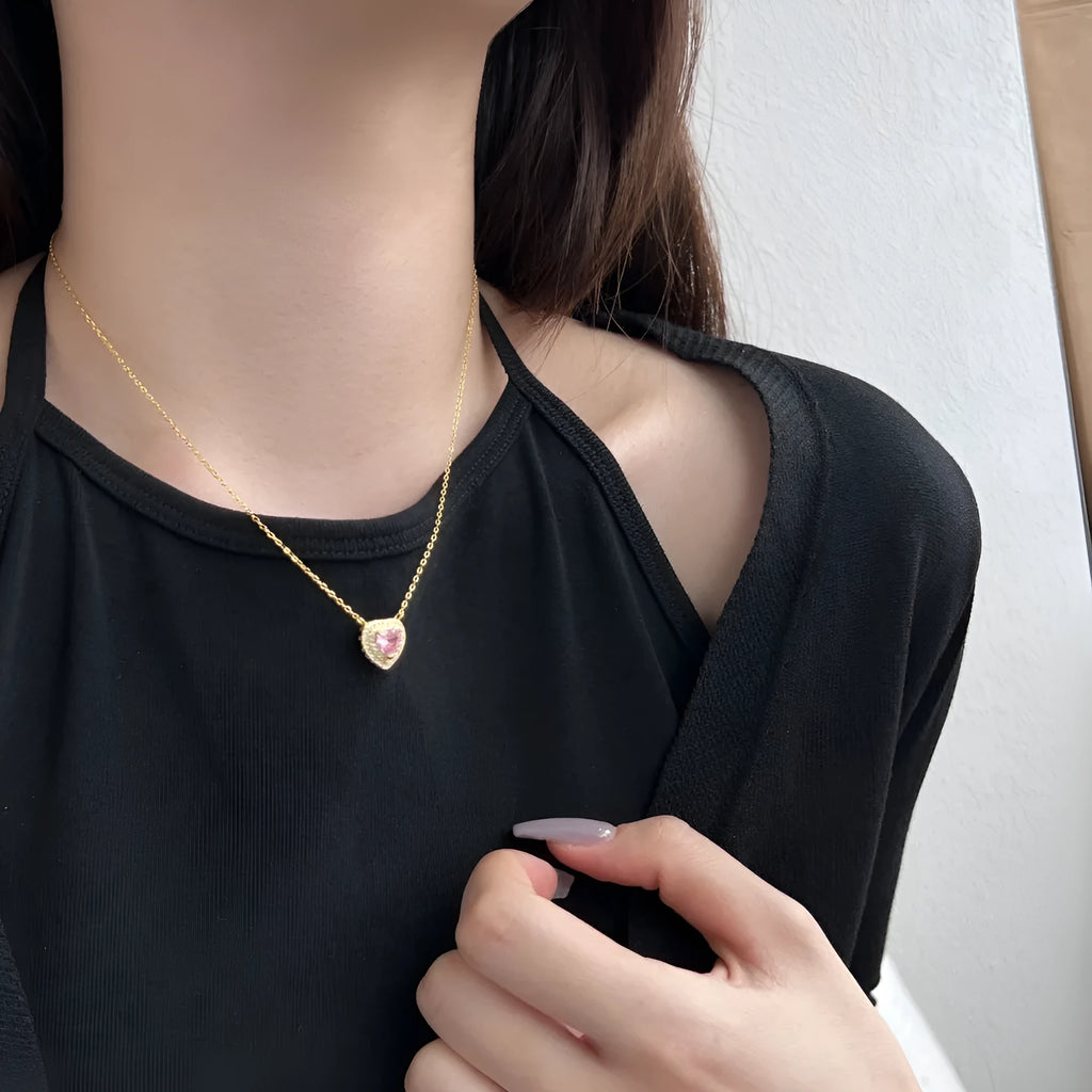 925 silver simple colour dopamine zircon necklace with platinum pink diamond electroplated finish on white background