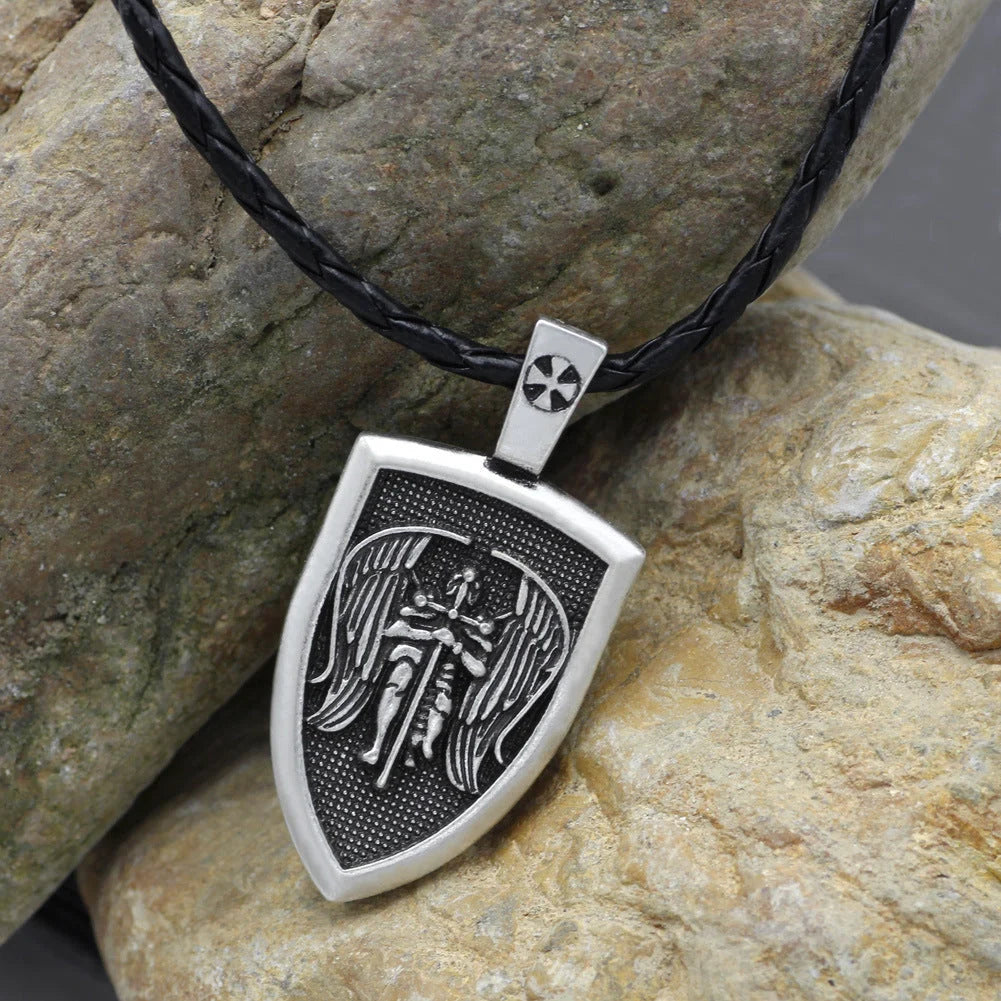 Saint Michael Archangel Pendant Necklace in ancient silver and bronze finishes with detailed cartoon character design