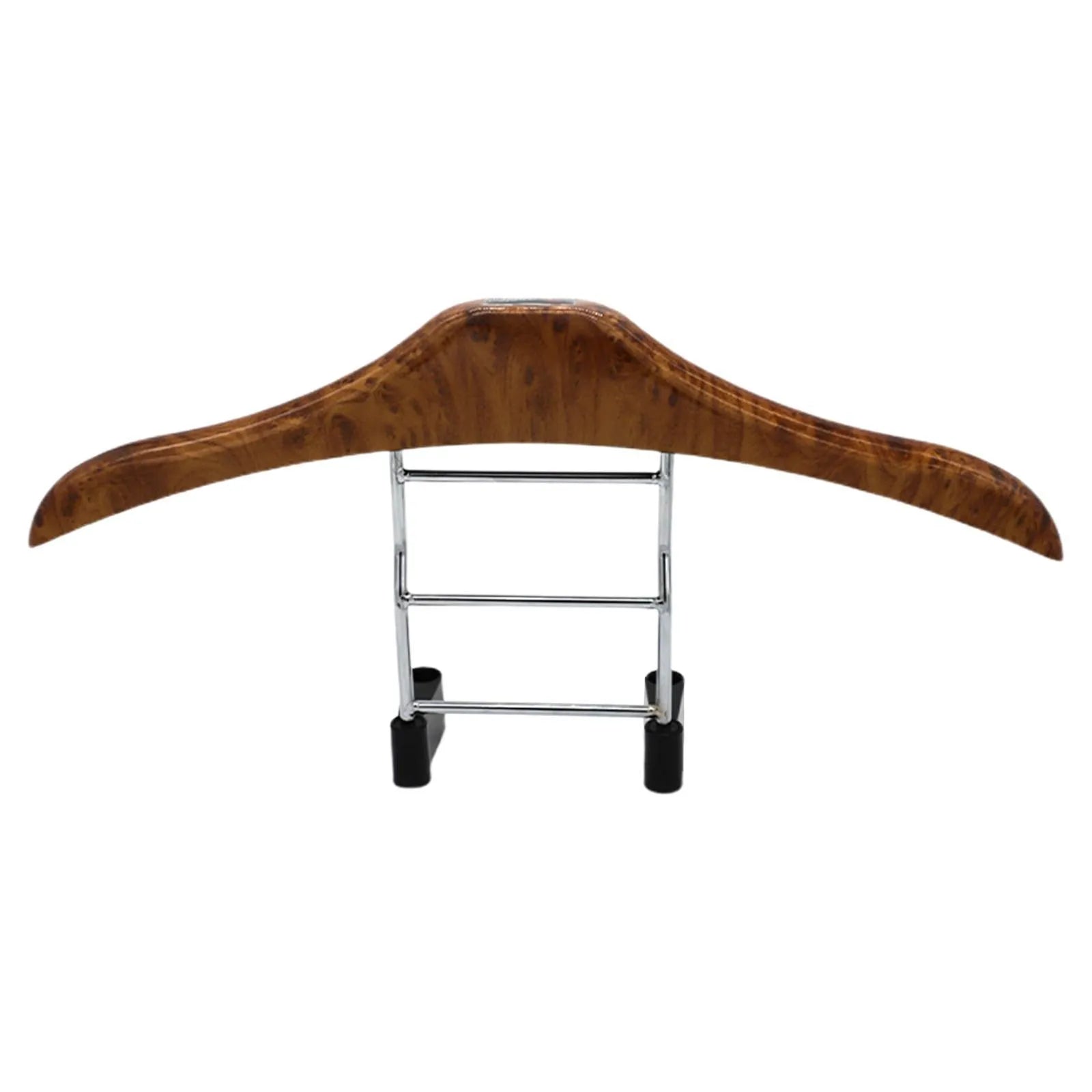 Stainless steel car clothes hanger with wood yellow finish hanging over car seat