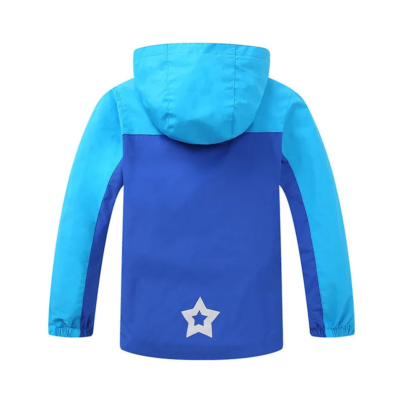 Boy wearing a blue zip-up sanded acetate jacket for autumn