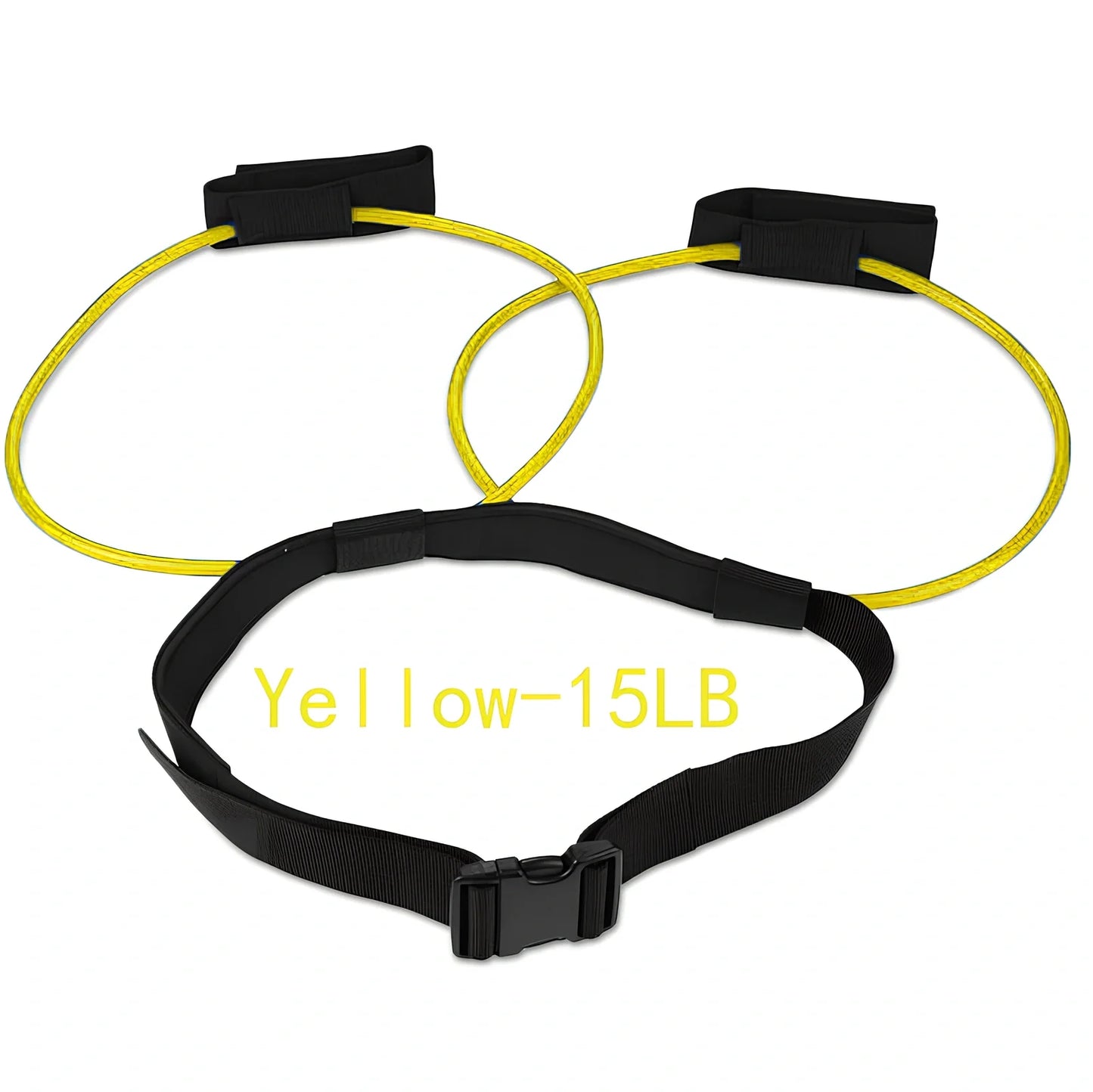 Women's adjustable waist resistance band with colour-coded latex tubes and pedal exerciser foot straps
