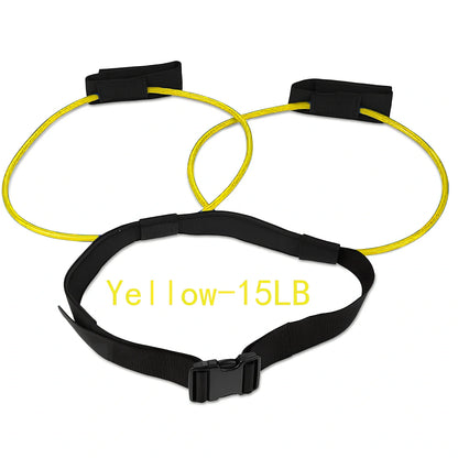 Women's adjustable waist resistance band with colour-coded latex tubes and pedal exerciser foot straps