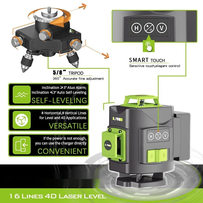 3D green laser level unit projecting 16 laser lines on a wall for construction alignment.