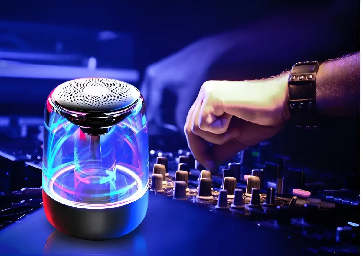 C7 portable Bluetooth speaker with powerful bass and variable color LED light in black