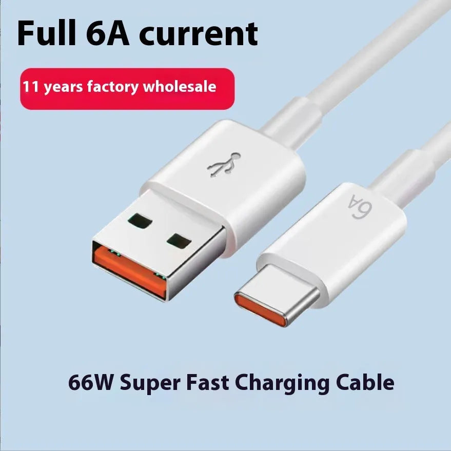 White 6A Type-C fast charging cable 1 metre with TPE material and USB-A connector