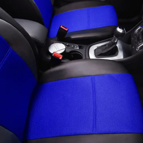 Artificial leather car seat cover set showing front seat, headrest, and rear seat components in grey.