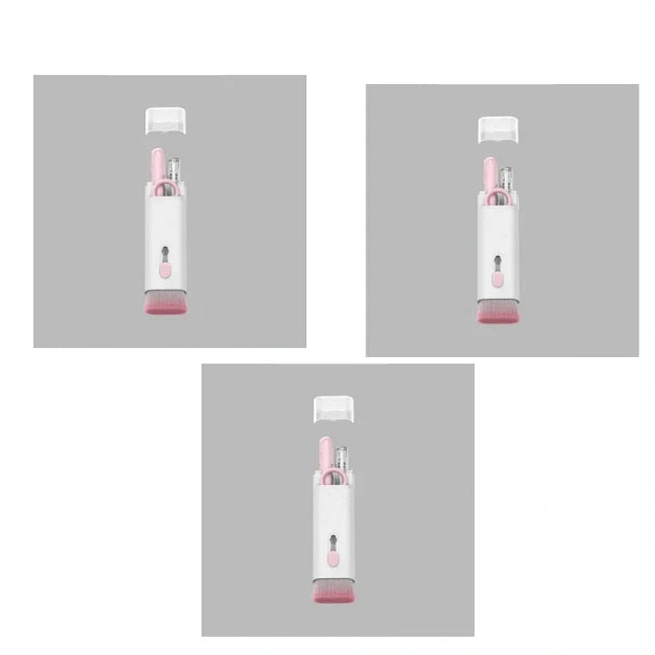 Pink and blue computer cleaning pen set with brush, keycap tool, and empty spray bottle