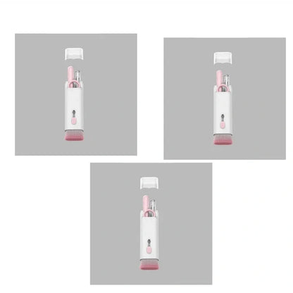 Pink and blue computer cleaning pen set with brush, keycap tool, and empty spray bottle
