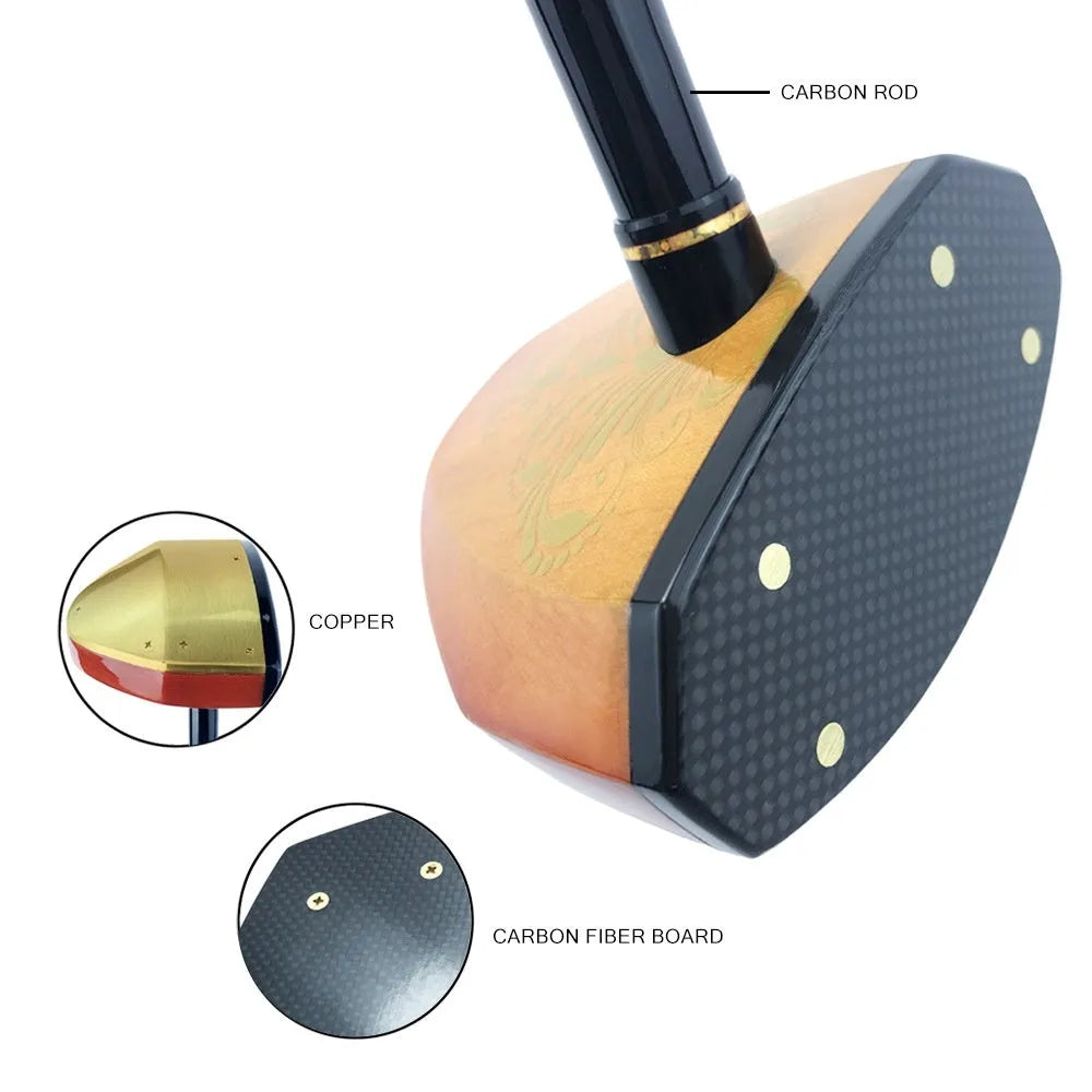 Maple head green golf training club with carbon rod body on a practice mat