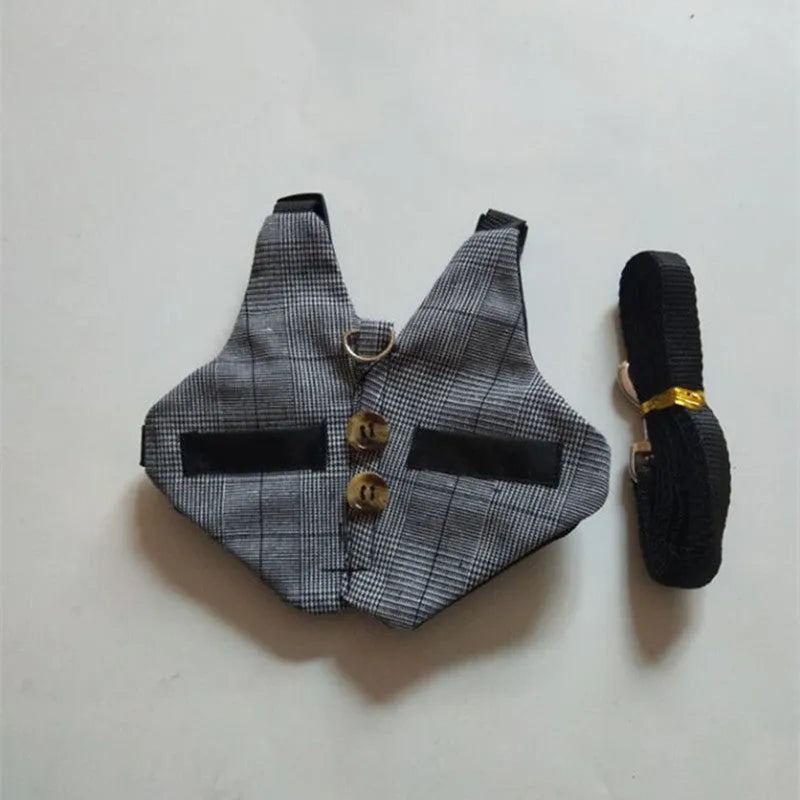 Grey cloth rabbit leash and dress set with chest strap for small pets