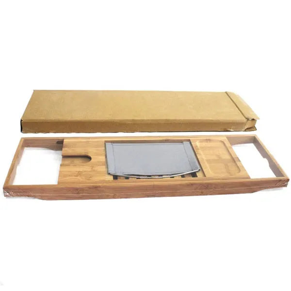 Natural bamboo bathtub frame shelf for desktop bathroom storage organisation.