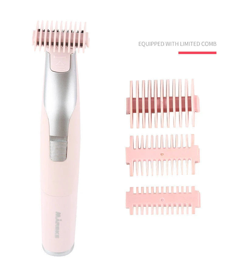 Portable hair shaver in pink and green with detachable comb for precise styling