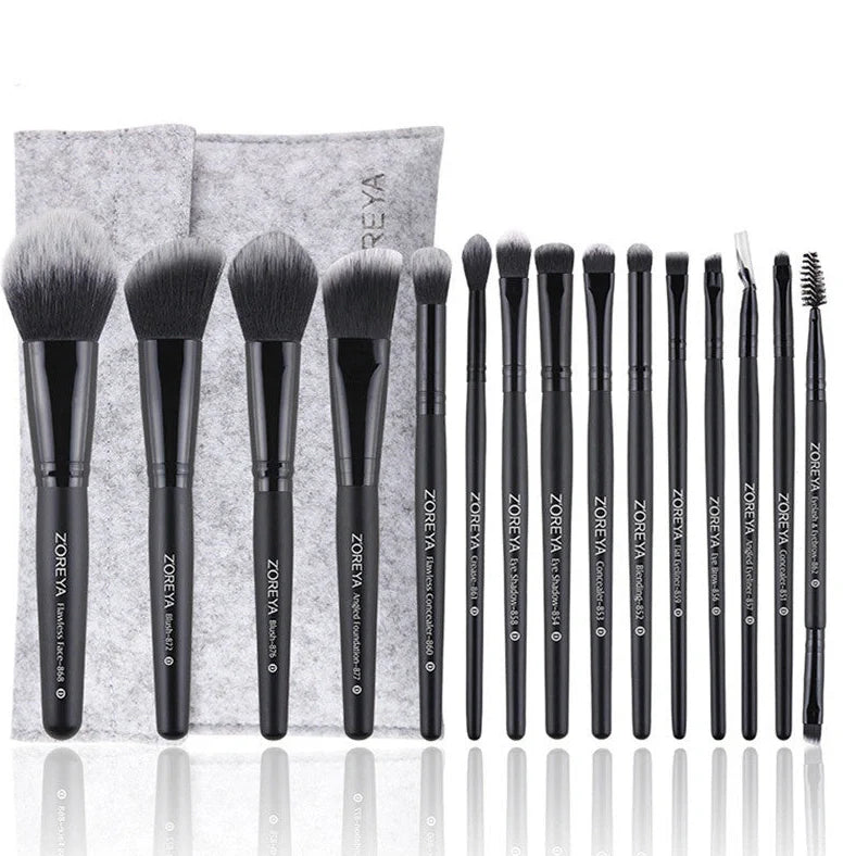 ZOREYA15 15-piece black makeup brush set with synthetic bristles and wooden handles