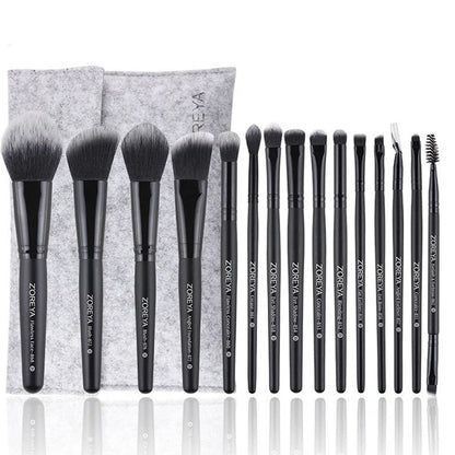 ZOREYA15 15-piece black makeup brush set with synthetic bristles and wooden handles